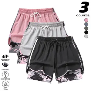 Women’s shorts: double-layer faux two-piece camouflage pattern 5-inch shorts; breathable quick-dry leggings with adjustable drawstring — lightweight fitness shorts with side design and geometric patterned elastic waistband.