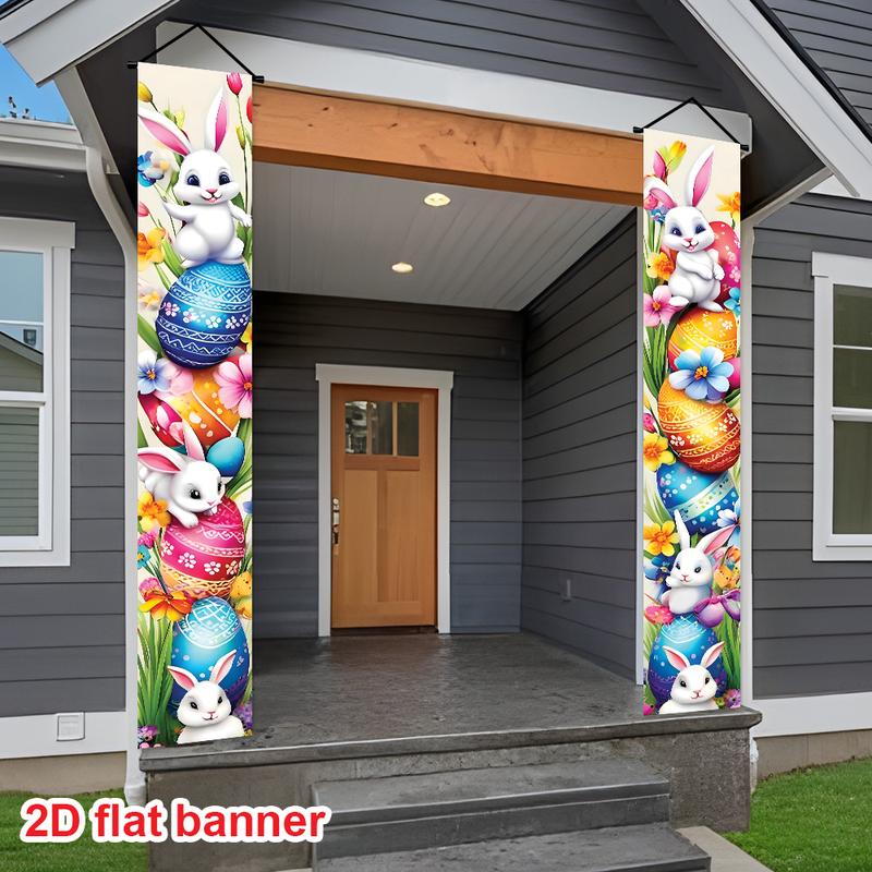 1 pair of Easter Happy Porch Banner set, 11.8x70.8 inches, featuring Happy rabbit and Easter egg designs, Easter and spring door decorations, suitable for both indoor and outdoor use, perfect for front porch, terrace, and garage
