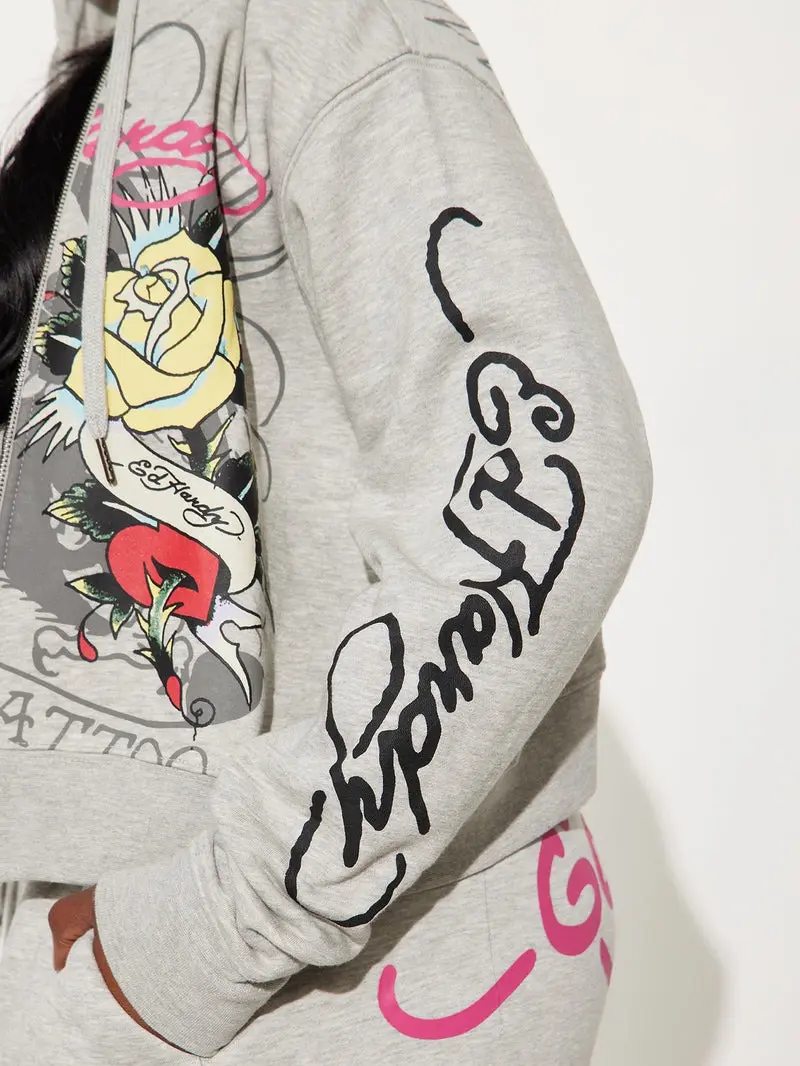 Ed Hardy Rose And Sword Zip Front Hoodie - Heather Grey - TikTok Shop