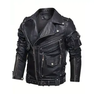 Men's Retro Biker Jacket - Stylish Black, Loose Fit, Durable Polyester, Multiple Zippers & Studded Details for Spring & Fall Menswear Coats