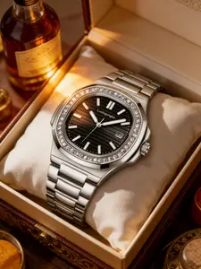 Classic Nautilus Silver Steel Watch, Barrel Shape Case with Vertical Dial, Full Diamond Bezel, High-End Business Luxury Wristwatch