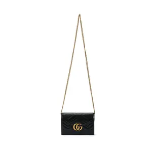 Gucci GG Marmont Quilted Leather Envelope Crossbody Bag for Women, Aged Gold Logo, Black