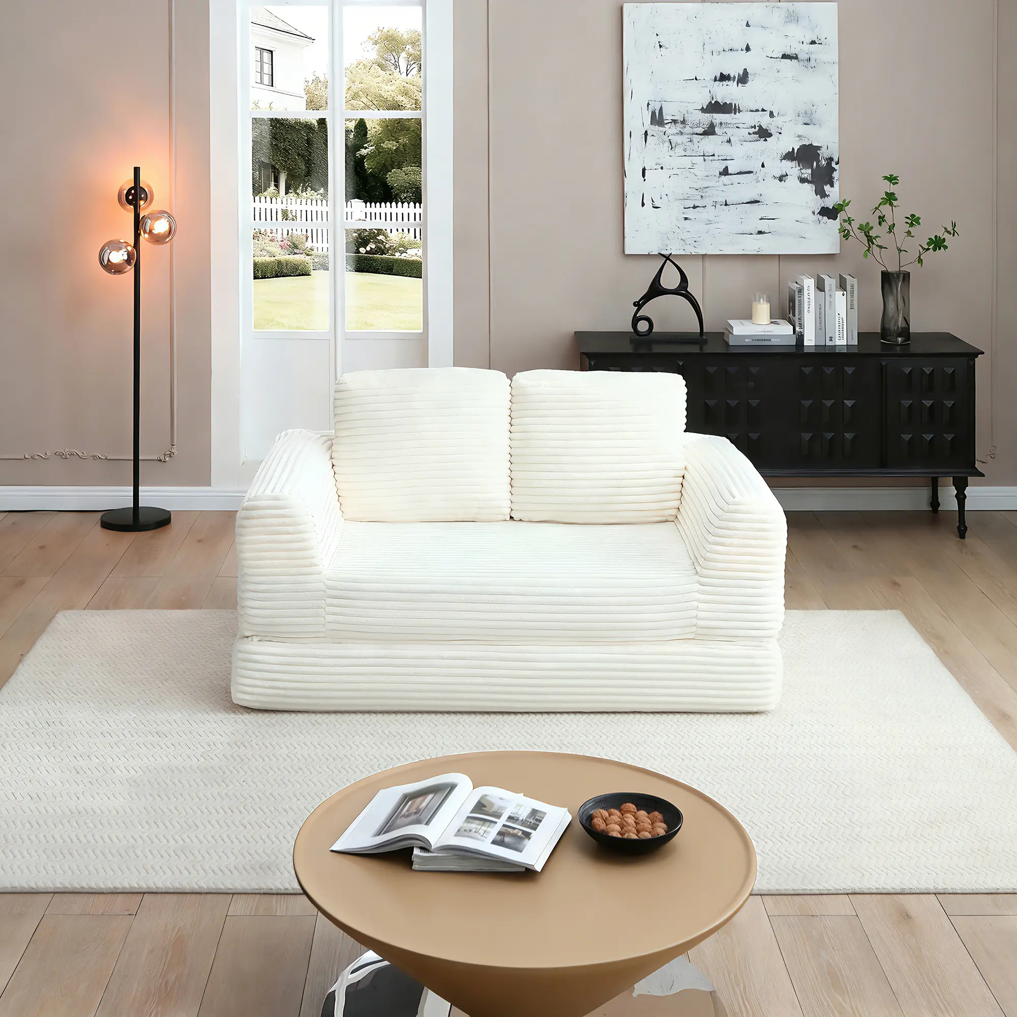 Convertible Sofa Bed 2-in-1 Folding Sleeper Couch, Modern Corduroy Upholstered Futon Loveseat with 2 Pillows, Boneless Modular Floor Couch with Pull-Out Bed for Living Room, Guest Room, Apartment, Beige
