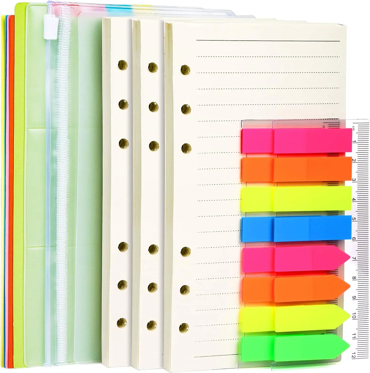 A6 Refill Paper, 3 Pack 45PCS A6 6 Ring Loose Leaf Paper, 320PCS Neon Page Markers, with Binder Pockets Dividers, A6 Lined Paper Refills for A6 Binder Planner Notebook Journal, 6.73"x3.74"