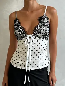 French Style Laced Polka Dot Satin Cami Top, Fitted Sexy Sleeveless Design with Eyelash Lace Trim, Perfect for Elegant Occasions