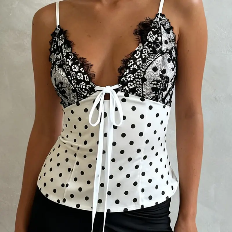 Women's Polka Dot Lace V-Neck Stylish Spaghetti Strap Top, Backless Slim Fit Camisole, Vintage Y2K Summer Style, Sexy Elegant Cute Tank Top, Casual Fashion Backless Sleeveless Top