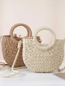 Half-Moon Handbag, Simple Style, Half-Circle Woven Bag, Beach Handmade Straw Bag, Fashionable Summer Vacation Straw Bag for Women