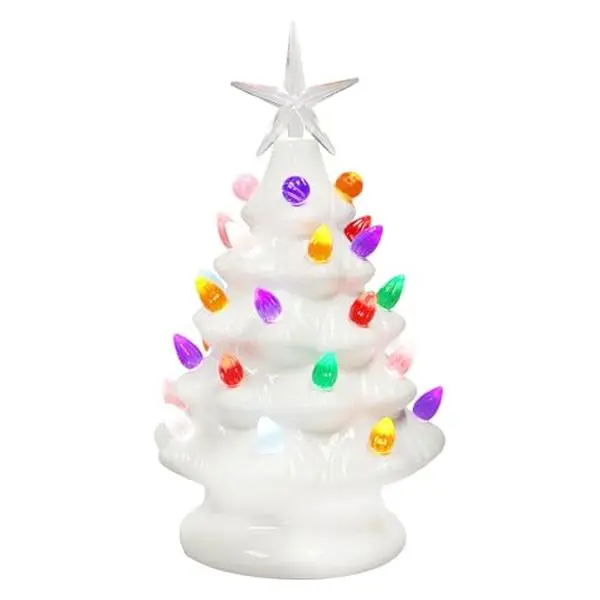 MOMENTS IN TIME Ceramic Christmas Tree 9” White LED Lighted Pre-Lit Tabletop Tree with Multicolor Bulbs & Star Topper, Battery Operated Holiday Décor