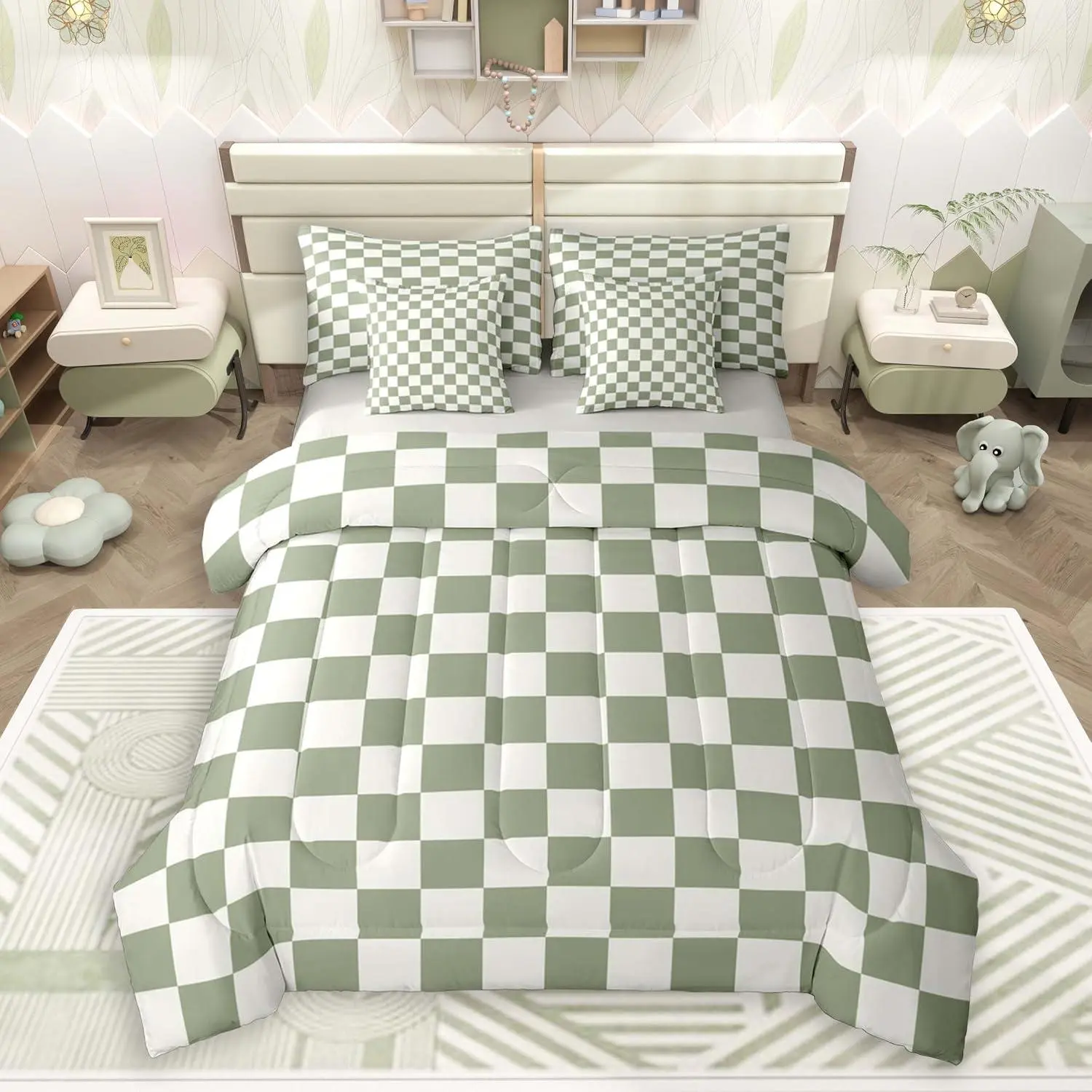 Green White Plaid Comforter Set with Sheets Checkerboard Grid 7 Pieces Bedding Set Geometric Bed in a Bag Room Decor,Soft Lightweight Microfiber