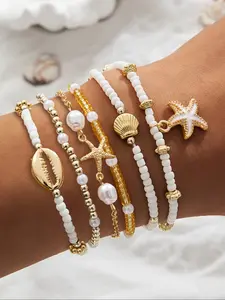 Vintage Beach Style Shell Beaded Bracelets Set, 6 Pcs Multi-Layer Oil Drop Starfish Pearl Jewelry for Casual Vacation Wear, Exquisite Bracelet, Elegant Jewelry Bracelet