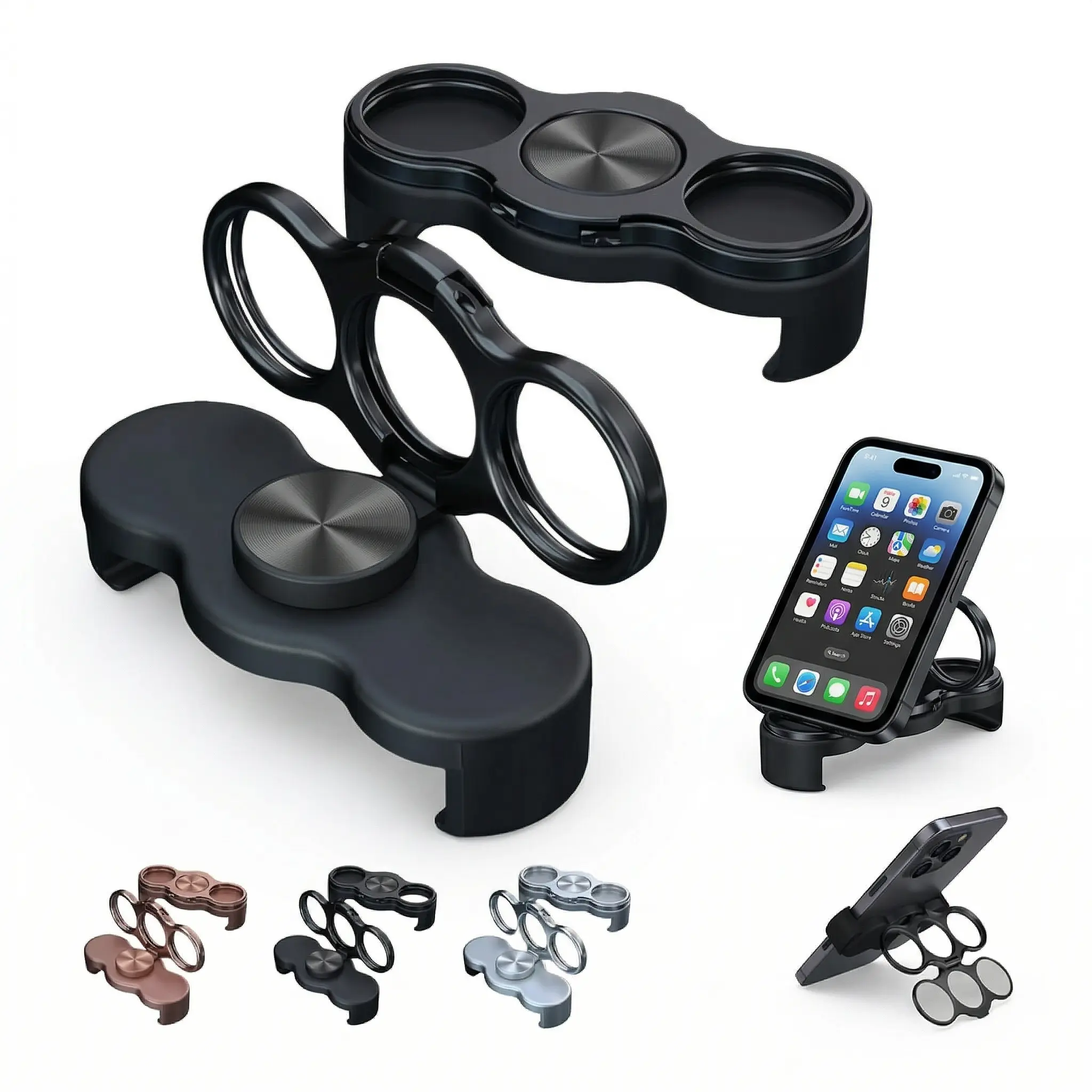 360-Degree Rotatable Alloy Magnetic Phone Ring Stand, Dual-Loop Folding Smartphone Holder with Desktop Clip, Lazy Mount Mobile Accessories