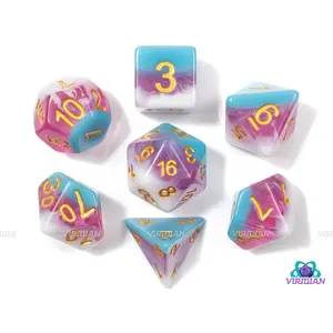 Berries & Cream | Pink and Blue Translucent Layers, White Dripping "Cream" | Resin Dice Set (7)