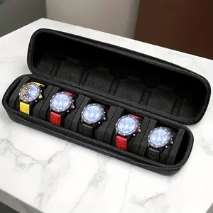 Watch portable storage suitcase with 5 card positions, large-capacity hard case watch storage display box, suitable for men's and women's smart watch storage, with soft foam pillow and handle.