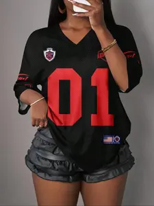 Streetwear Y2K Mesh Breathable American Vintage Doll Print V-Neck Short Sleeve T-Shirt for Women, Loose Oversize Sports Casual Top, Gym T Shirts