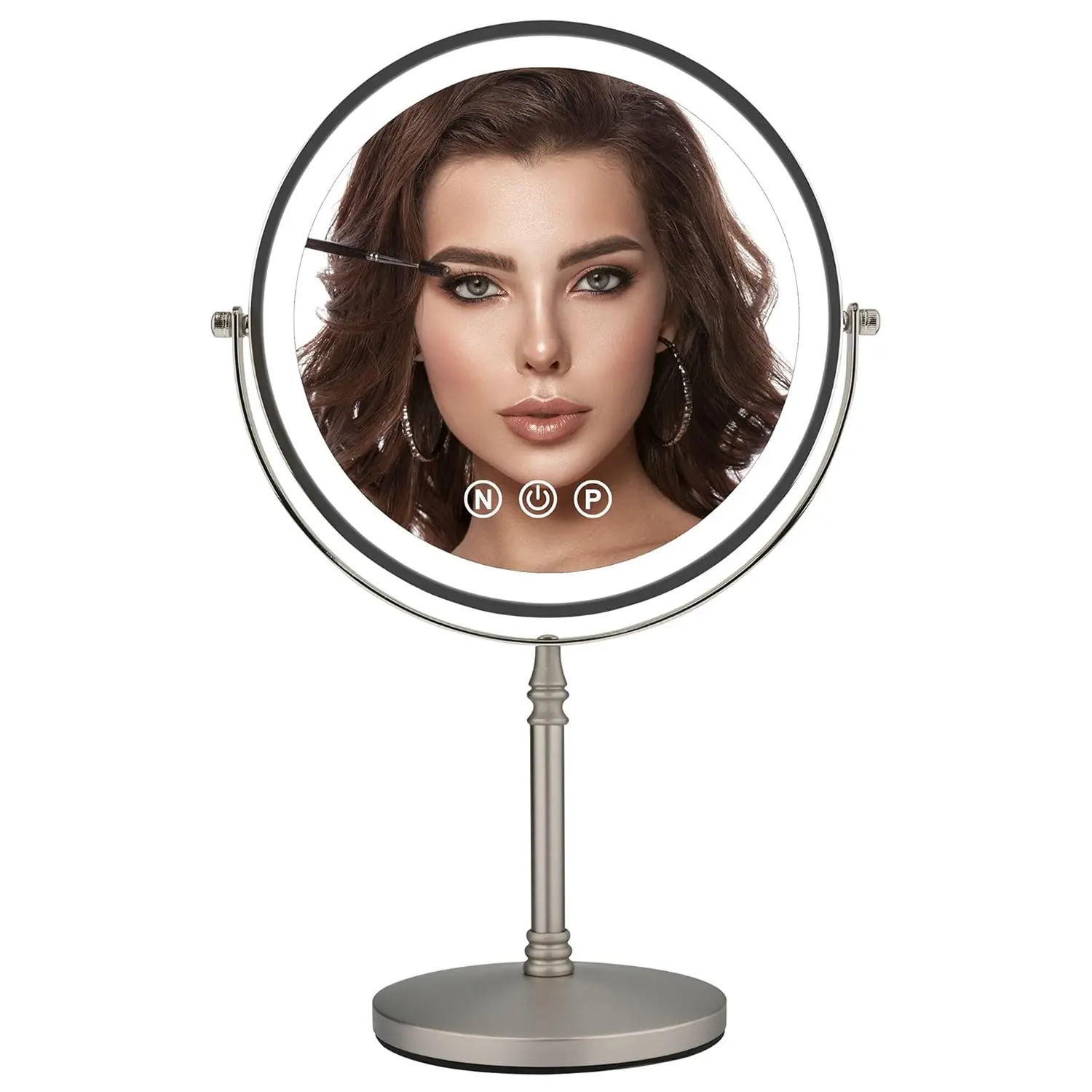 9" Large Makeup Mirror with Lights, 1X/10X Magnifying Vanity Mirror with 3 Colors Dimmable Lightning, 80 LED Lights, 360°Rotation Double Sided Standing Lighted Makeup Mirror Nickel