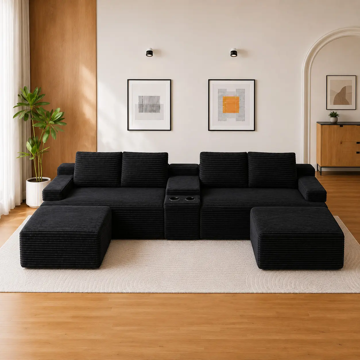 140-Inch U-Shaped Cloud Modular Frameless Sectional Couch, Modern Oversized Soft Velvet/Corduroy Sofa with Built-In Cup Holders, Storage, Multi-Adjustable Convertible Sleeper Bed, Deep Plush Seating for Large Families, Indoor Furniture for Living Room, Li