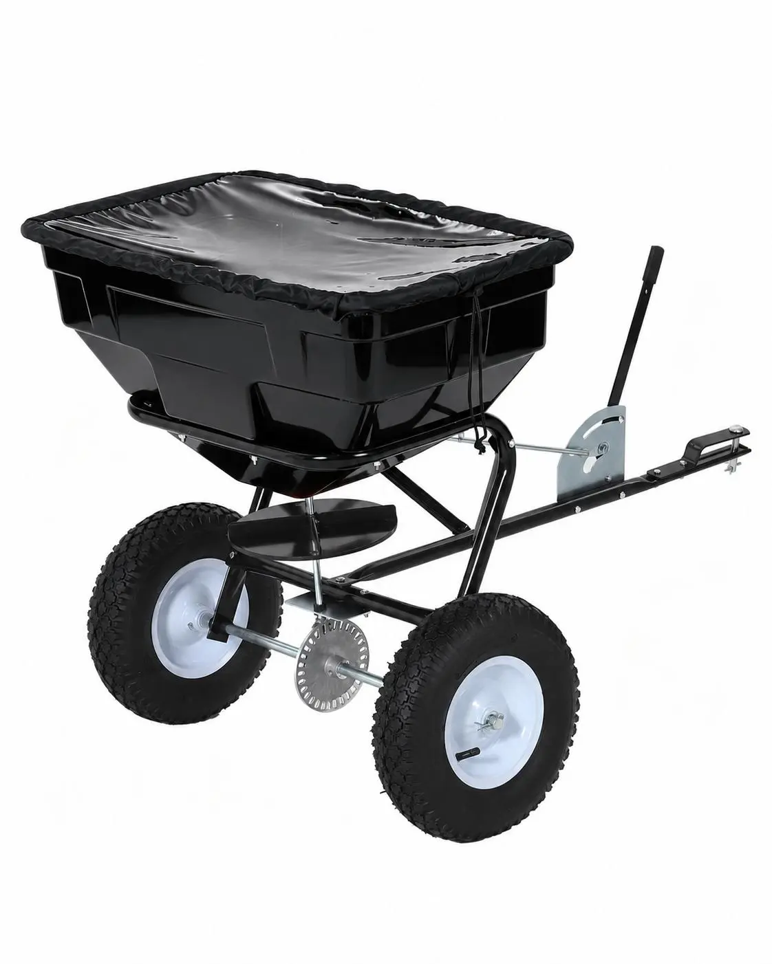 Douzi Heavy Duty Tow Behind Broadcast Spreader for Lawn & Garden - adjustable,130lbs cap.,fertilizing - 30 Settings - Global Hitch - 9.8ft Width - Seed,Salt,Ice Melt - Powder-Coated Steel - Black + Black Rod White Wheel Hub - 125L