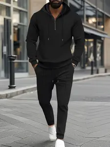 Men's Waffle Hoodie 2-Piece Set, Hooded Tracksuit, Casual Long Sleeve Top with Drawstring Waist Pants, Ideal for Daily Commute and Sports