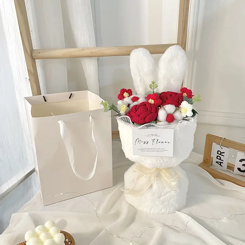 Cute Knitted Plush Bunny Ears Rose Bouquet, Soft Cuddly Gift, Valentine's Day Gift for Friends, Birthday Gift for Bestie, Mother's Day Gift for Girls
