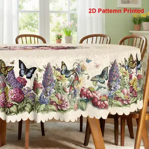1pc, Spring Summer Themed Party Tablecloth, Vintage Butterfly Rose Daisy Floral Printed Design, Rectangular/Round/Oval Table Cloth, Embossed Edge, Suitable for Indoor Outdoor Dining Picnic Dinner Dining Room Decoration