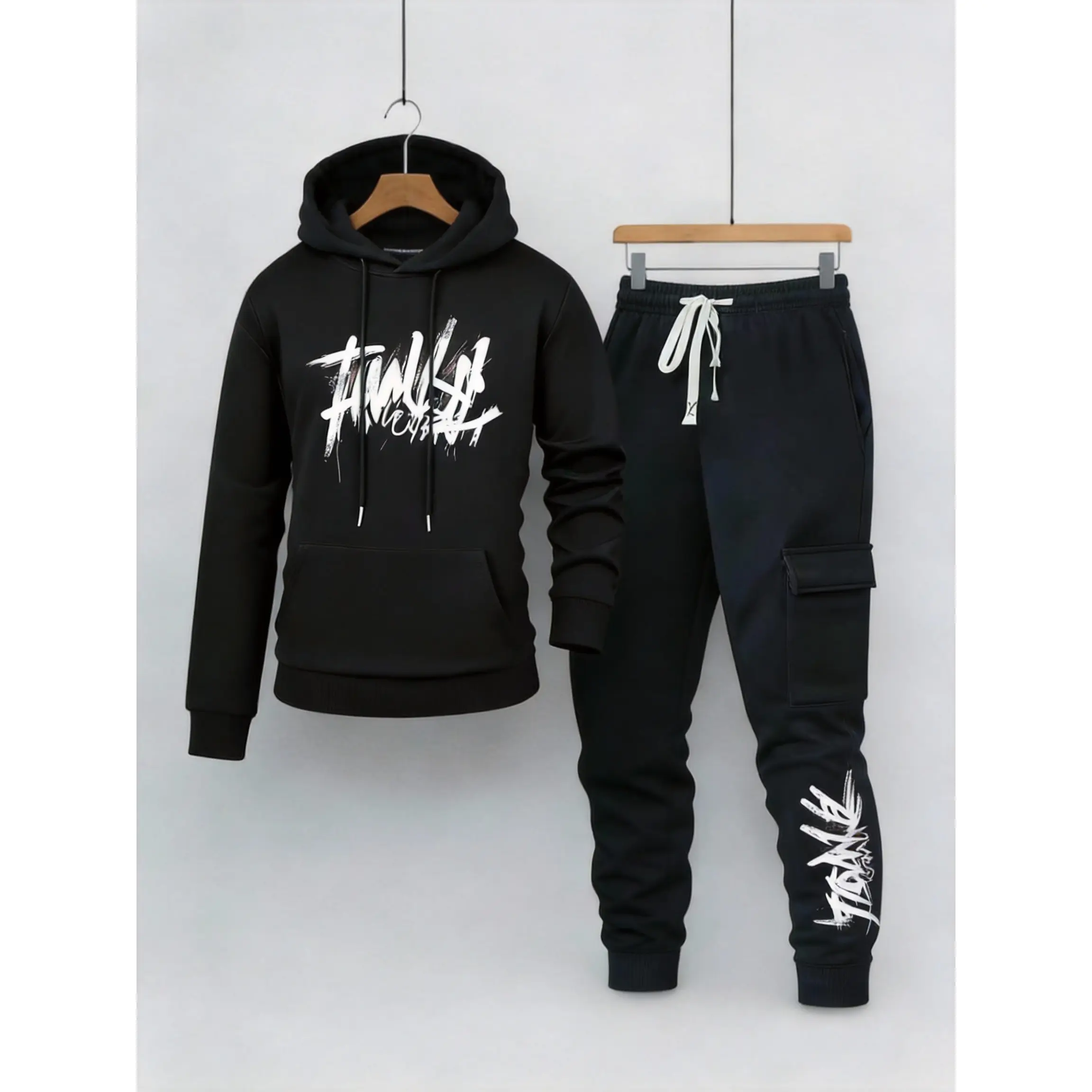 Men's Matching 2-Piece Streetwear Tracksuit - Hoodie & Cargo Pants, Graffiti Font & Cargo Pocket, Comfortable Outfit Streetwear Tracksuit Set Athletic Activewear Tracksuits