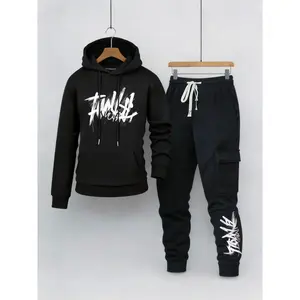 Men's Matching 2-Piece Streetwear Tracksuit - Hoodie & Cargo Pants, Graffiti Font & Cargo Pocket, Comfortable Outfit