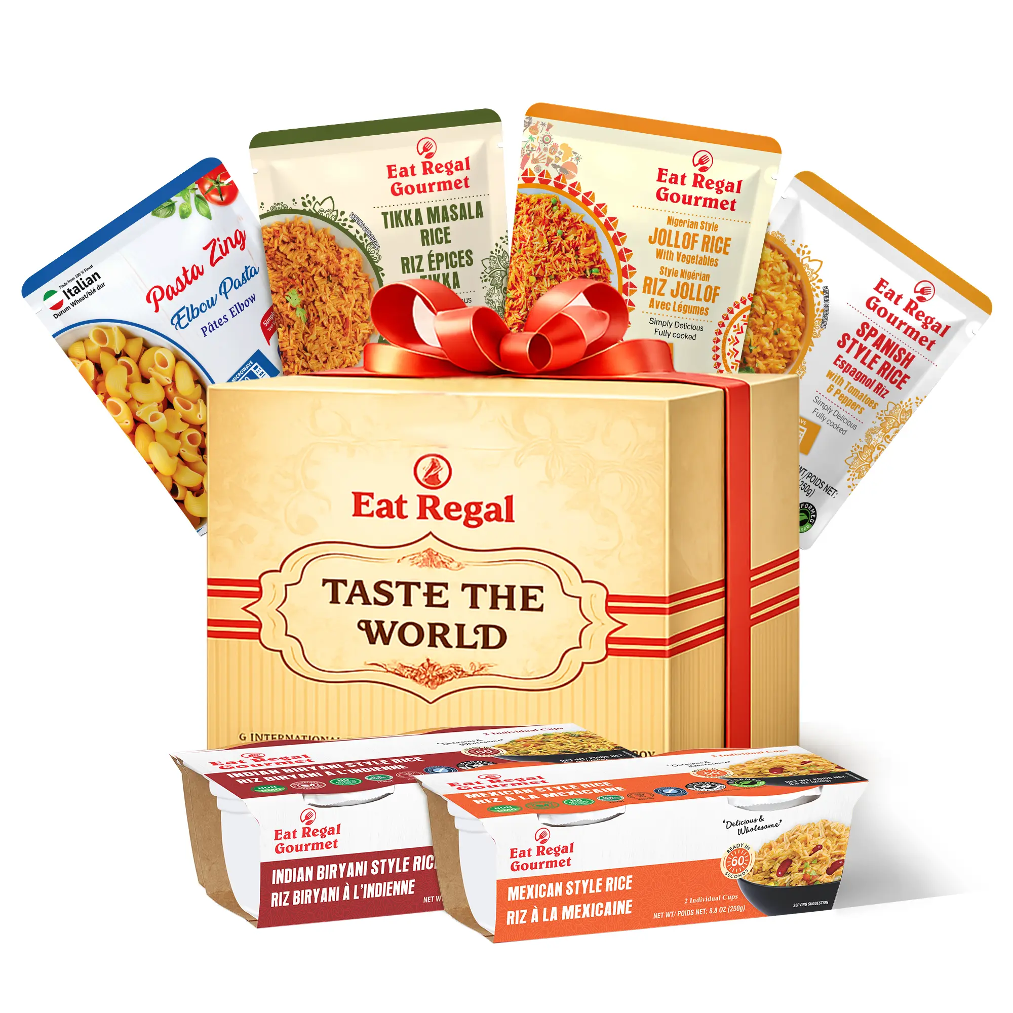 Eat Regal Taste the World Gift Box – Global Rice & Pasta Variety Pack (6 Items), Ready-to-Eat Sides from India, Nigeria, Mexico, Spain & Italy | Microwave-Ready in 1–2 Minutes | Non-GMO, Clean-Label Food Gift