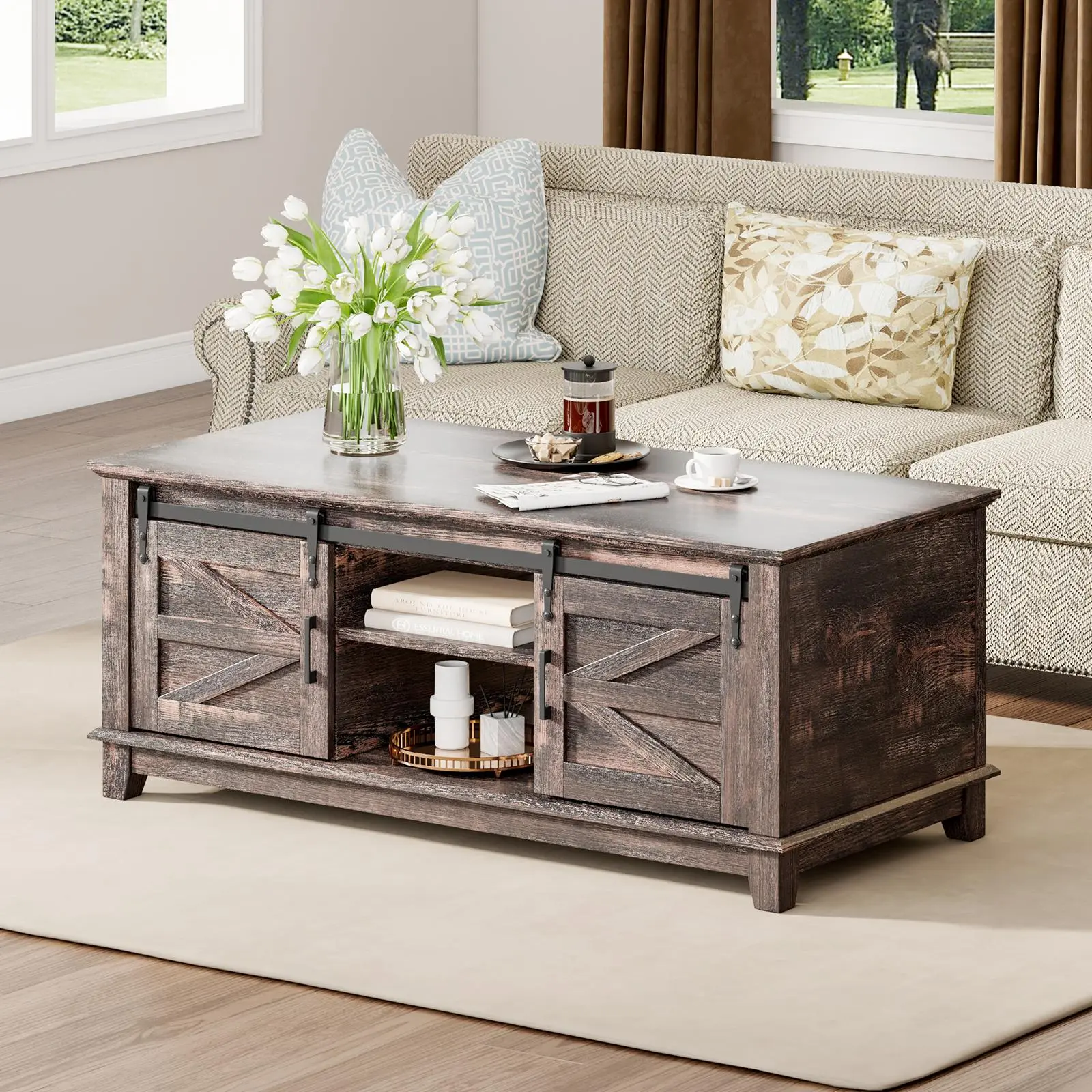 ALBOTT Rustic Farmhouse Coffee Table - 48'' Rectangular Indoor Furniture with Sliding Barn Doors, Adjustable Storage Shelves, for Living Room Decor, Meeting Room [TikTokShopFallDealsForYou]