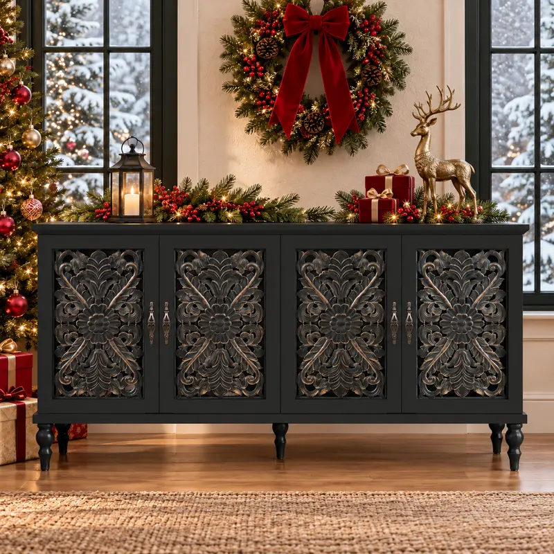 【Fall Deals】HLR Vintage Carved 4-Door Storage Cabinet, Black Buffet Storage Cabinet with Decorative Floral Doors, Sideboard Cabinet for Living Room, Dining Room, Entryway, Bedroom & Coffee Bar