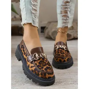 Women's Fashion Leopard Print Loafers, Casual Comfortable Chain Decor Platform Shoes for Daily Wear, All-match Commuter Shoes for Work & Daily Wear, Girl