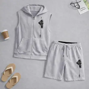 Men's West Tribe Wind Graphic Sleeveless Hoodie Shorts Set 2 Piece Outfit  Print Zip Up Hooded Vest Drawstring Shorts Summer Casual Gym Workout Streetwear Breathable Lightweight Athletic Lounge Set