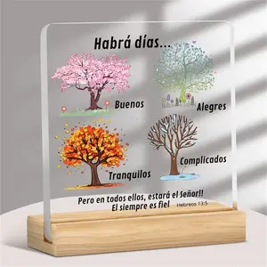 Spanish/English Bilingual Christian Bible Verse Glass Effec, Acrylic Desktop Decoration - Hebrews 13:5 Scripture with Four Seasons Tree of Life, Desktop Display, Suitable for Home, Church, Spanish Mass, Home Decor Products