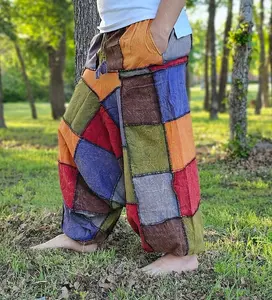 Organically Handmade Natural Patchwork Stonewashed Hippie Colorful Hemp Unisex Comfortable Yoga Pant Trouser