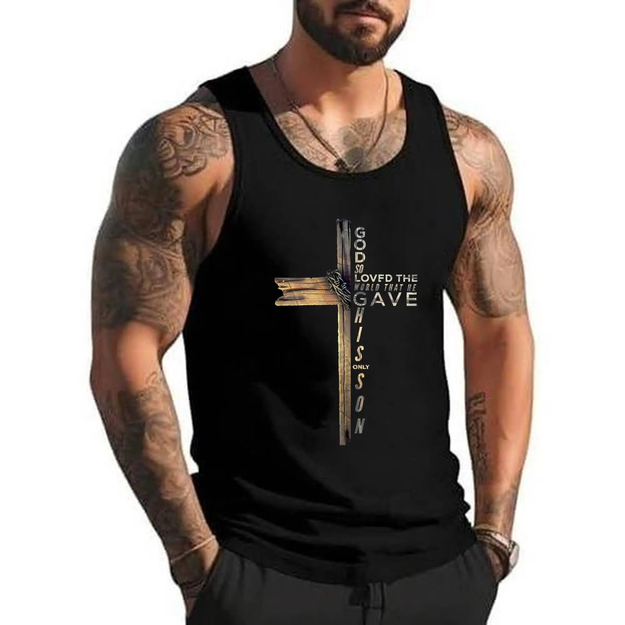 Style A 269 John 3_16 Christian Cross Bible Tank Top , Summer Gym Muscle Sleeveless, Casual Knitted Slim Fit Beach Shirts