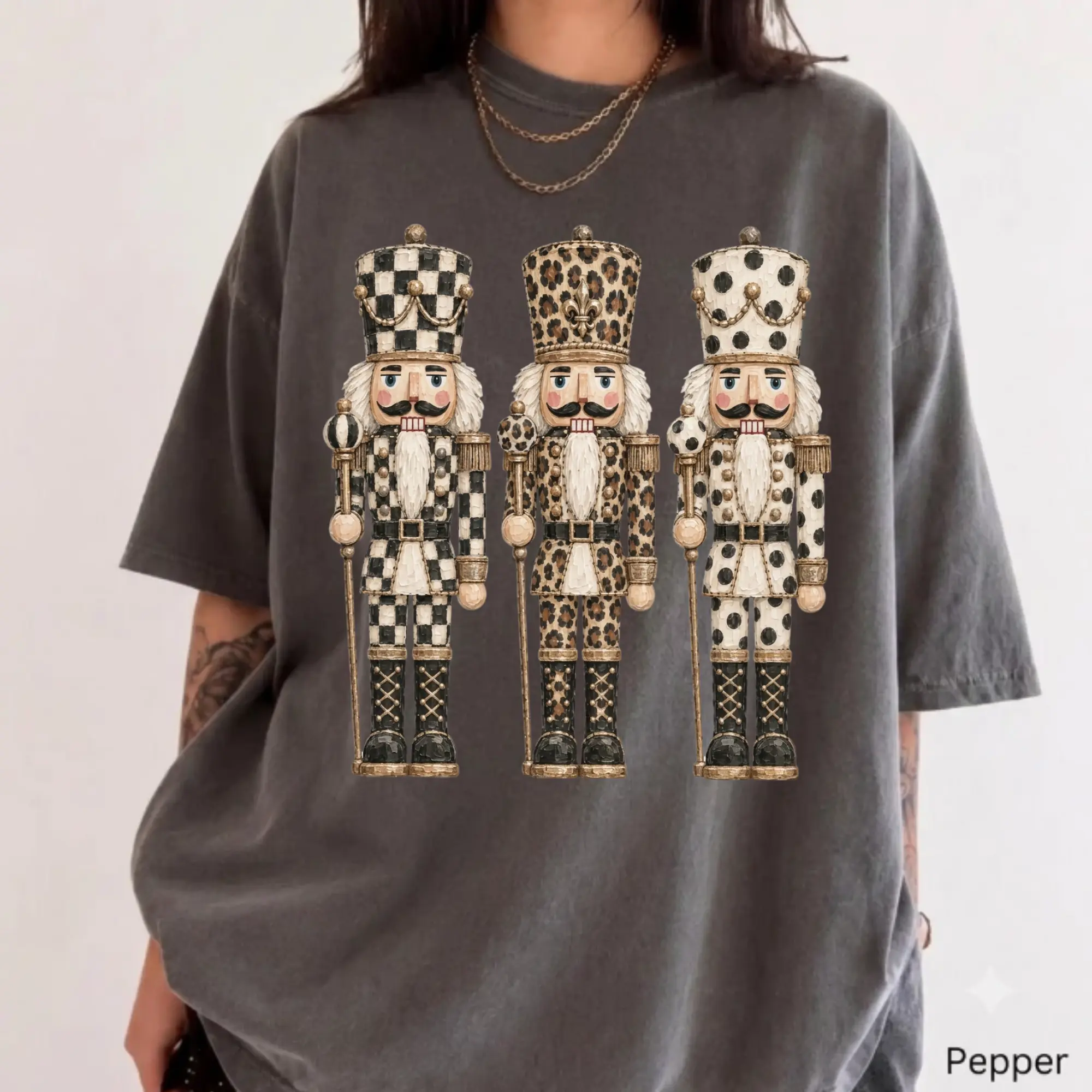 Comfort Colors Neutral Christmas Nutcracker Shirt, Cute Preppy Holiday Graphic Tee, Leopard Checkered Nutcracker T-Shirt, Polka Dot Christmas Apparel, Gift for Her