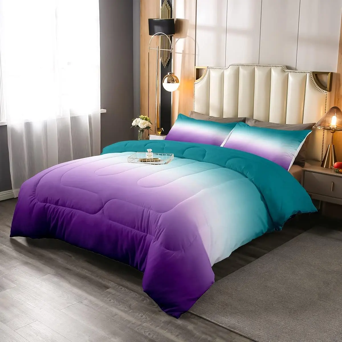 Ombre Comforter Set,Green Purple Teal Bedding Set,Colorful Gradient Down Comforter,Modern Abstract Quilt Duvet Insert,Soft Warm Lightweight Comforter, Bedroom Bedding Set, Breathable Duvet Set