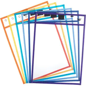 Reusable Dry Erase Pocket Sleeves, 10" x 14", 6 Pack, Colorful, Clear Plastic Paper Sleeves, Ticket Holders, Clear Plastic Sheet Protectors for Teacher School Classroom Supplies