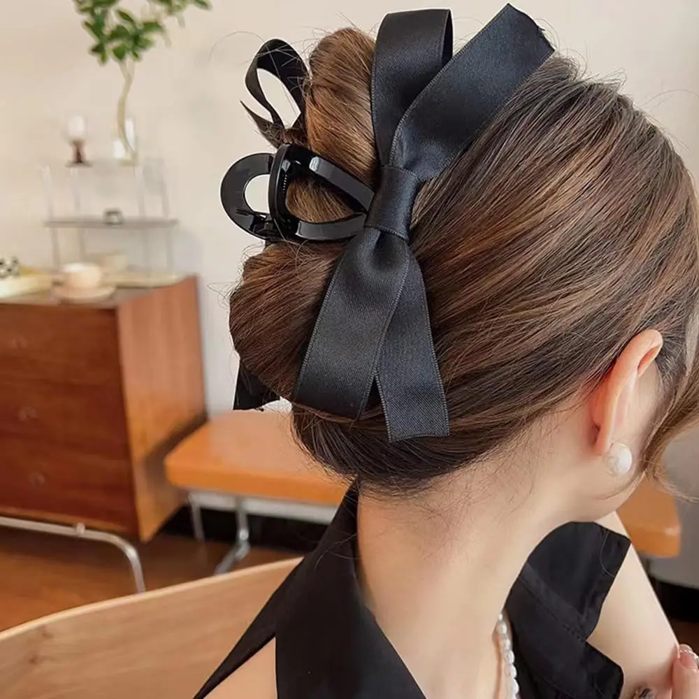 Black Satin Central Bow and Charm Claw Clip - Secure Claw Hold Accent Accessory, Messy Bun Ready for Parties & Korean Style Quick Cute Hairstyles