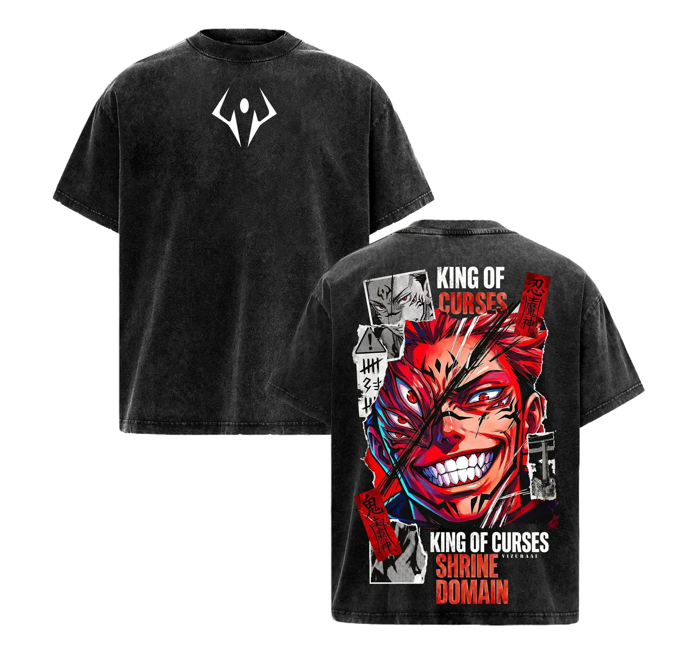 Men's Ryomen Sukuna Jujutsu Kaisen Anime Graphic Tee - Vintage Retro Oversized Fit Pure Cotton Shortsleeve, High-Res 2D Vector Print Round Neck, All Seasons Casual Streetwear, Acid Wash Machine-Washable, Black/White Malevolent Shrine King Of Curses Top, H