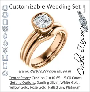 CZ Wedding Set, featuring The Stacie engagement ring (Customizable Bezel-set Cushion Cut Solitaire with Grooved Band)