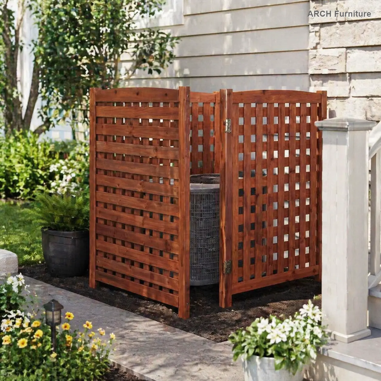 ARCH 3-Panel Solid Wood Outdoor Air Conditioner Fence Screen with Airflow Slots - Easy-to-Assemble Square Layout Patio Privacy Screen, 32" W x 38" H