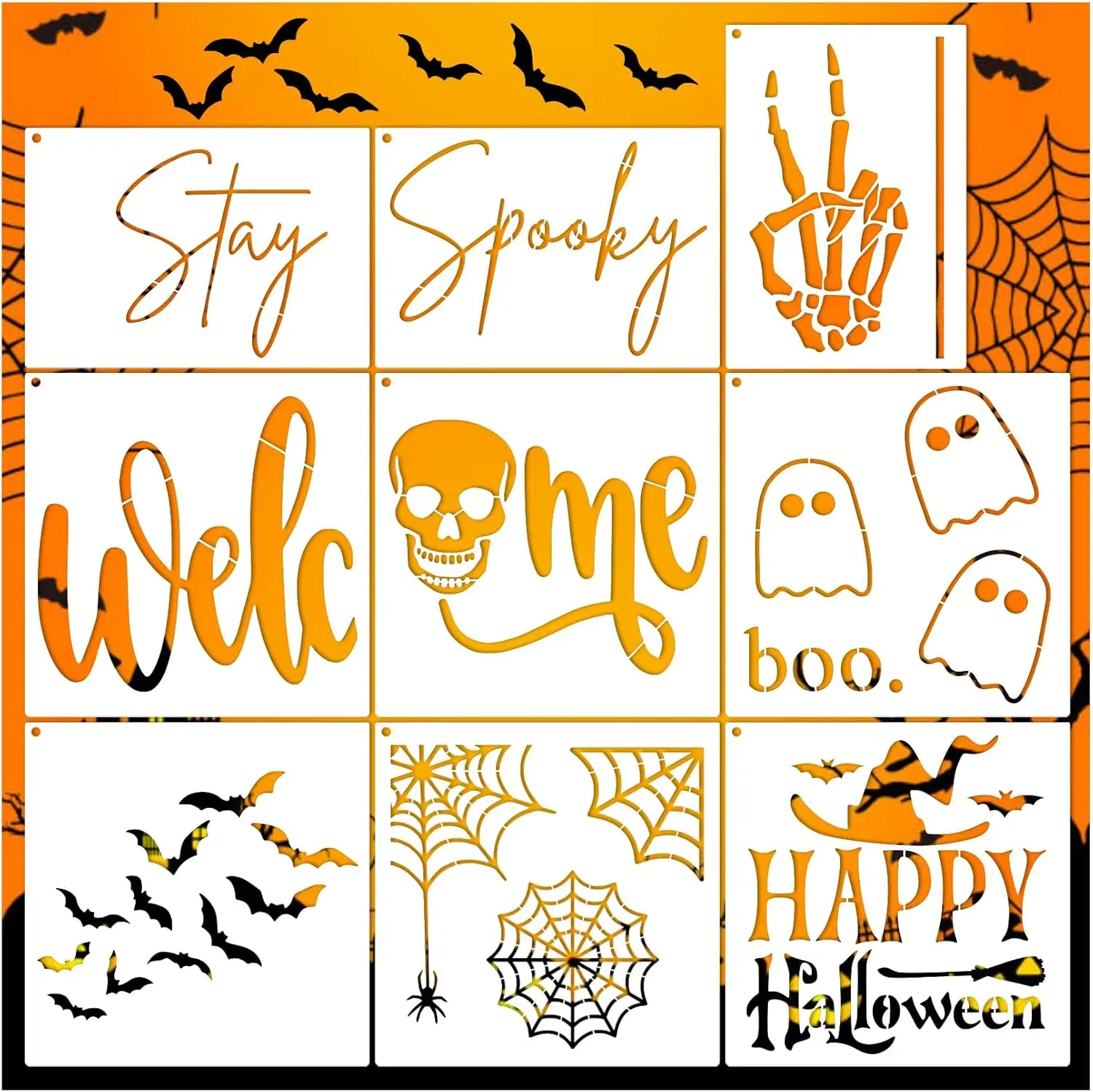 9 Pcs Large Halloween Stencils for Door Mats Reusable Welcome Ghost Bat Templates Spider Web Spooky Trick or Treat Boo Stencil for Painting on Wood Doormat Crafts (9 Boo Mats)