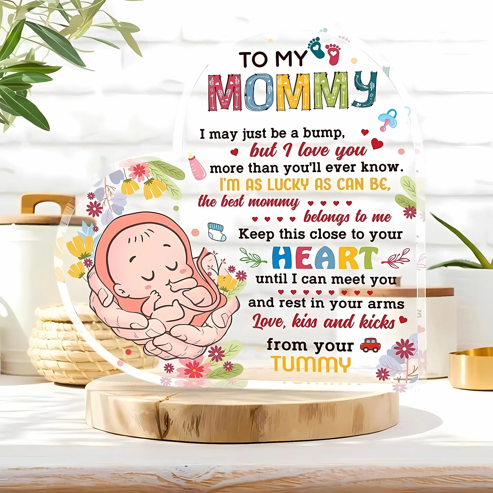 New Mom Gift Acrylic Plaque, Floral Desk Decor, Mini Pregnancy Keepsake, First Time Mom Birthday Present, Mothers Day Gender Reveal