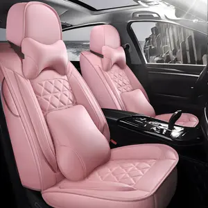 OTOEZ Waterproof Luxury PU Leather Car Seat Cover 5 Seats Full Set with Headrest Pillows Pink Diamond Pattern Universal Fit Auto Seat Protectors Automotive Car Interior Kit