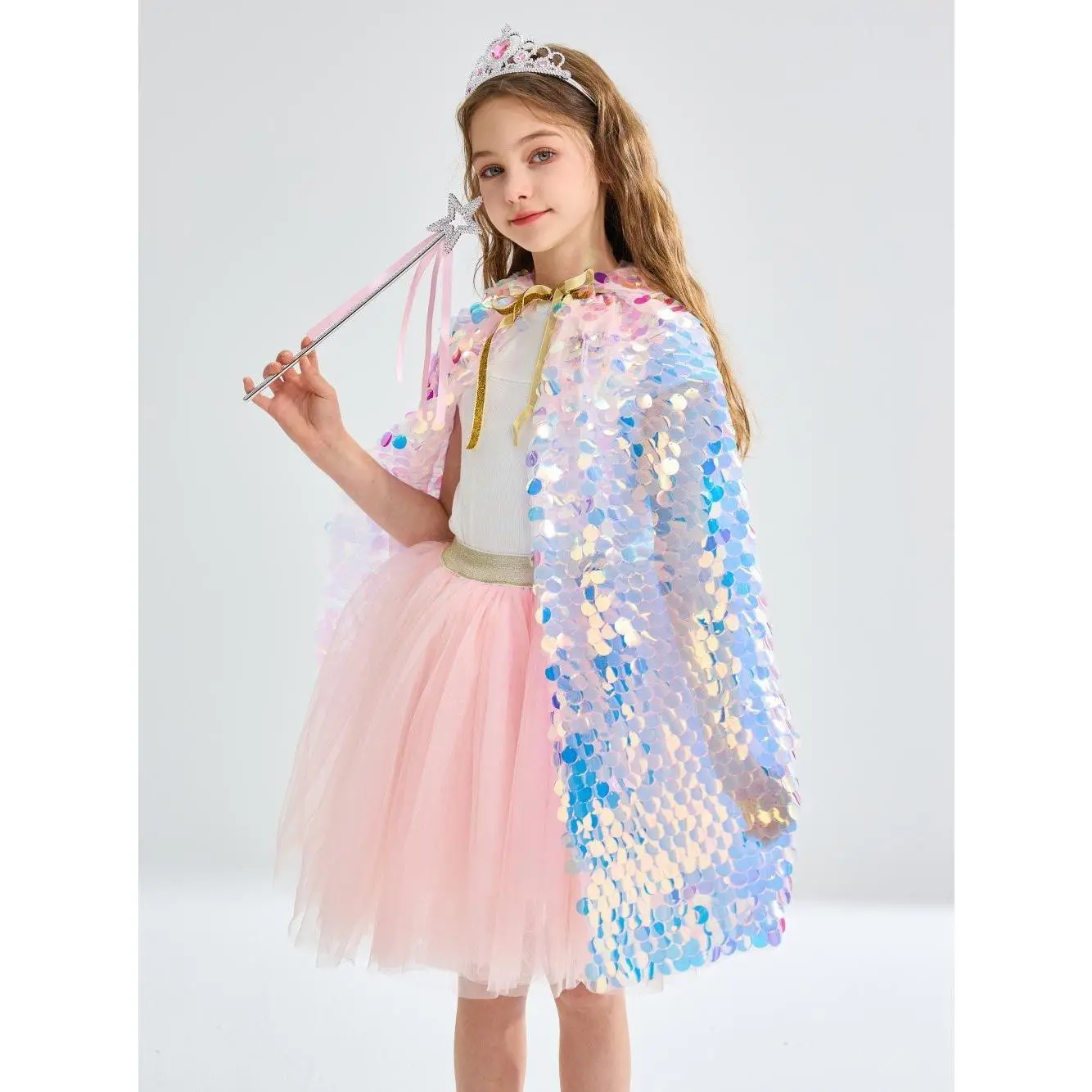 Girls' Halloween Princess Cosplay Costume Set, Age 3-8, with Shiny Sequin Cape Cloak, Tiara, Wand, Necklace & Gloves for Birthday Party