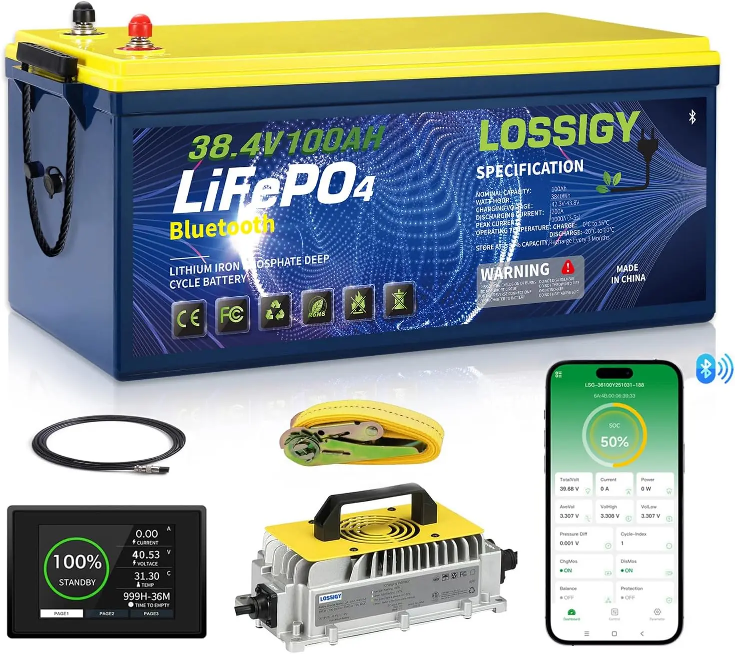 LOSSIGY 36V Lithium Golf Cart Battery, 36 Volt 100Ah LiFePO4 Battery with 25A Lithium Charger, Perfect for Golf Carts,Trolling Motors, Marine, Built in 200A BMS,Peak Current 1000A