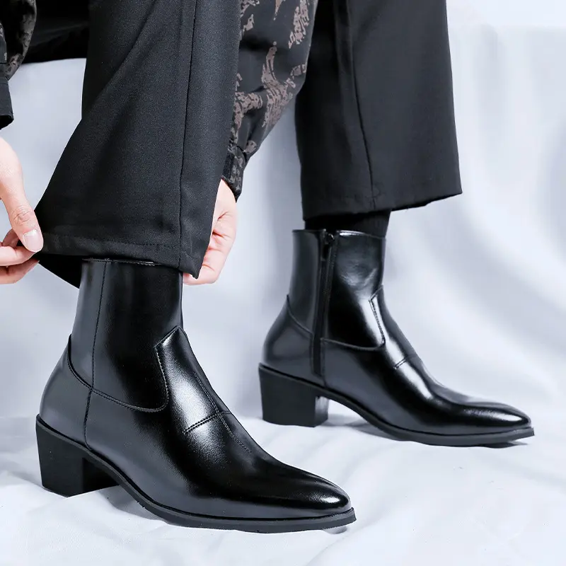 Glossy smooth leather pointed toe slip-on ankle boots, panel split stitching inner side zipper block mid heel vintage commute casual ankle footwear