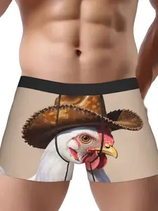 Men's Boxer Briefs in Light Brown with Black Waistband Featuring White Chicken in Cowboy Hat Design Comfortable Fashionable Underwear Menswear Socks