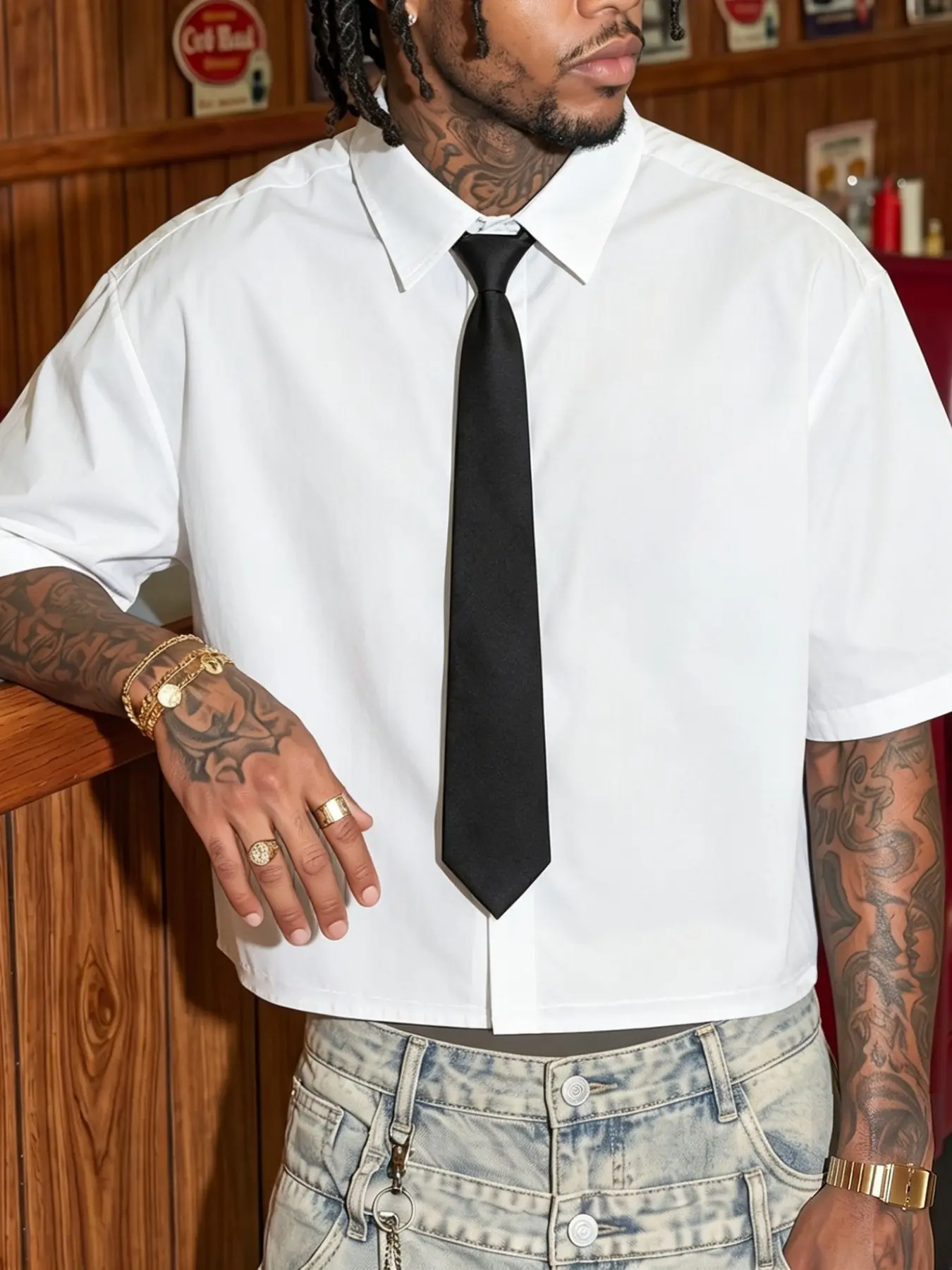Men's Short Sleeve Shirt with Tie, Loose Fit, Summer Wear, American Street Style, Trendy Plaid Pattern, Comfortable Daily Wear, Plain, Menswear, Casual Clothing, Casual Top