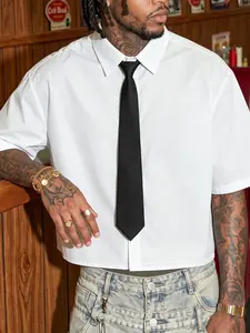 Men's Casual Short Sleeve Shirt with Tie, Loose Fit, Summer Wear, American Street Style, Trendy Plaid Pattern, Comfortable Daily Wear, Plain, Menswear